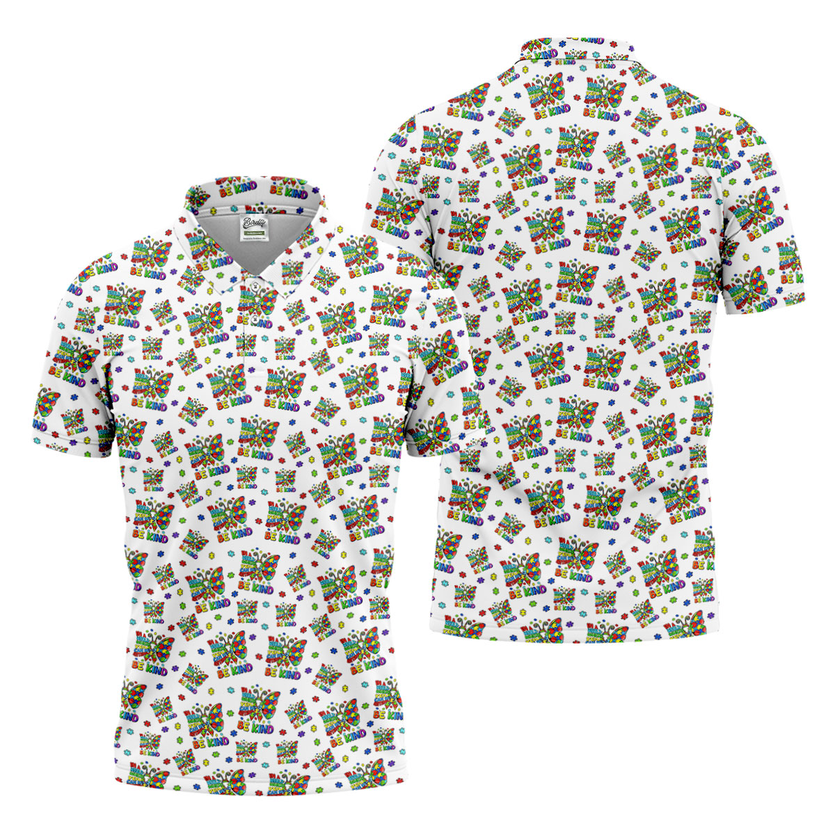 In A World Where You Can Be Anything Be Kind Rainbow Butterfly Autism Awareness White Golf Shirt, Golf Shirts For Men