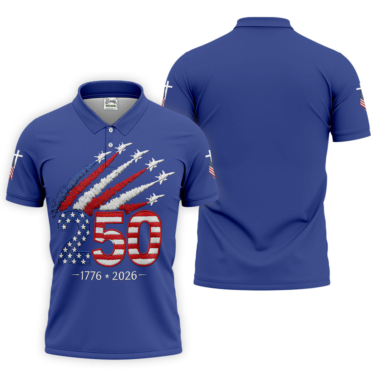 Flying Fighter Jets Faith Cross Patriotic 4th Of July Blue Golf Shirt, 250 Years Golf Shirts For Men