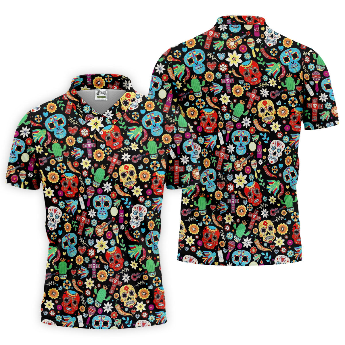 Skull With Flowers Cinco De Mayo Celebration Fiesta Themed Golf Tops For Men, Golf Shirts For Men