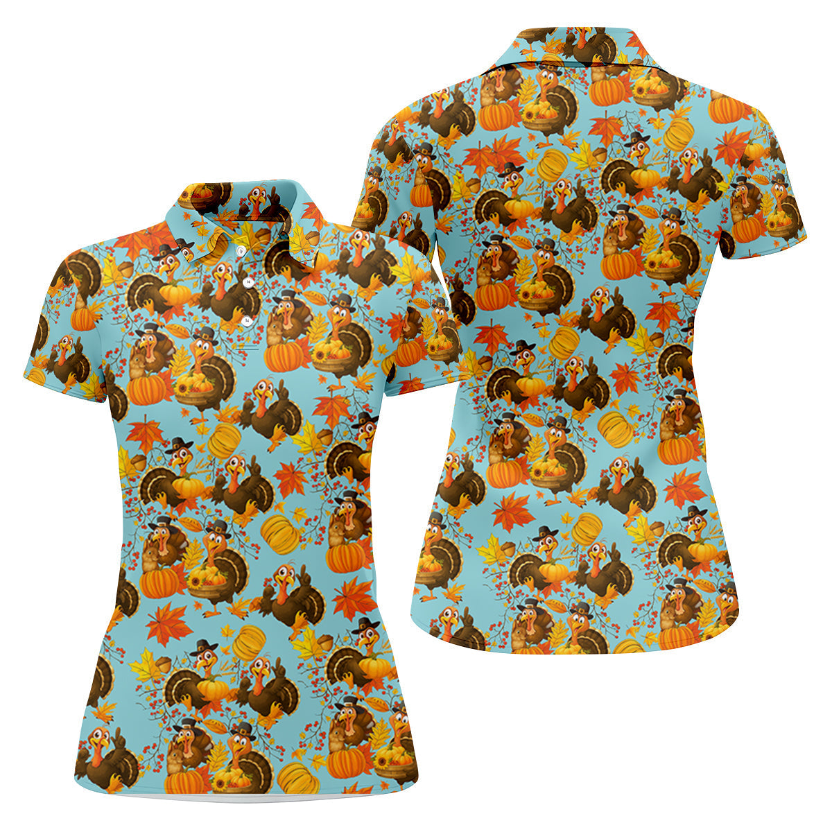 Turkey Pumpkin Thanksgiving Holiday Blue And Orange Ladies Golf Tops, Women Golf Top, Golf Gift For Ladies