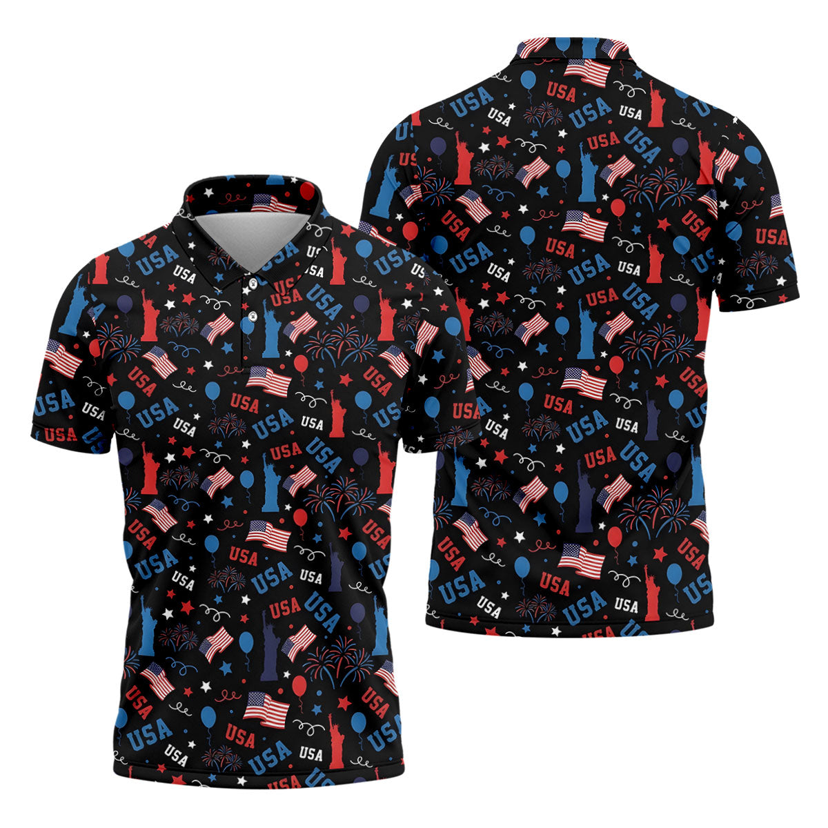 USA Red White Blue Seamless Pattern Black Golf Shirt, 250th Anniversary Patriotic 4th Of July Golf Shirts For Men