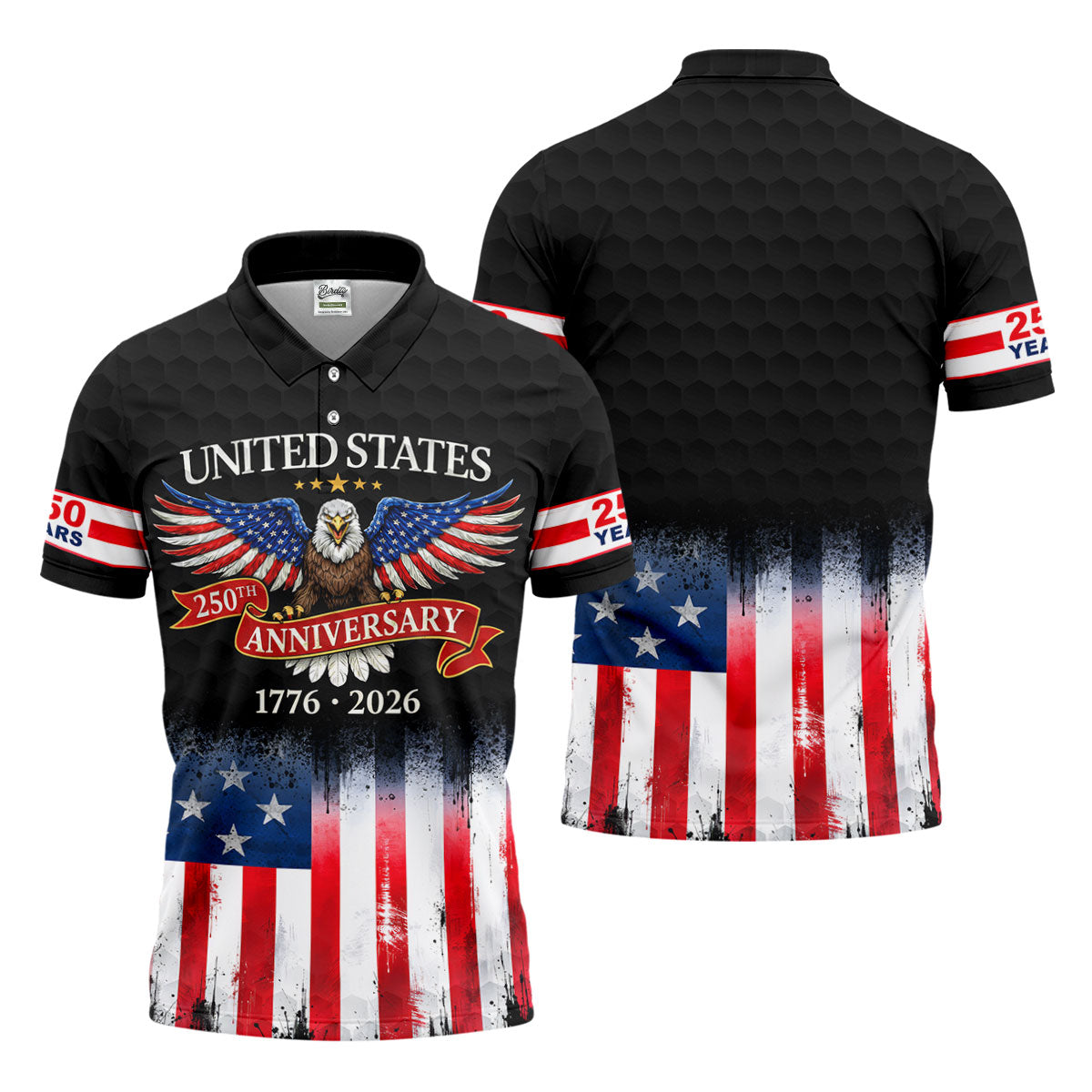US Bald Eagle 250th Anniversary Celebration Ribbon Black Golf Shirt, Patriotic 4th Of July Golf Shirts For Men