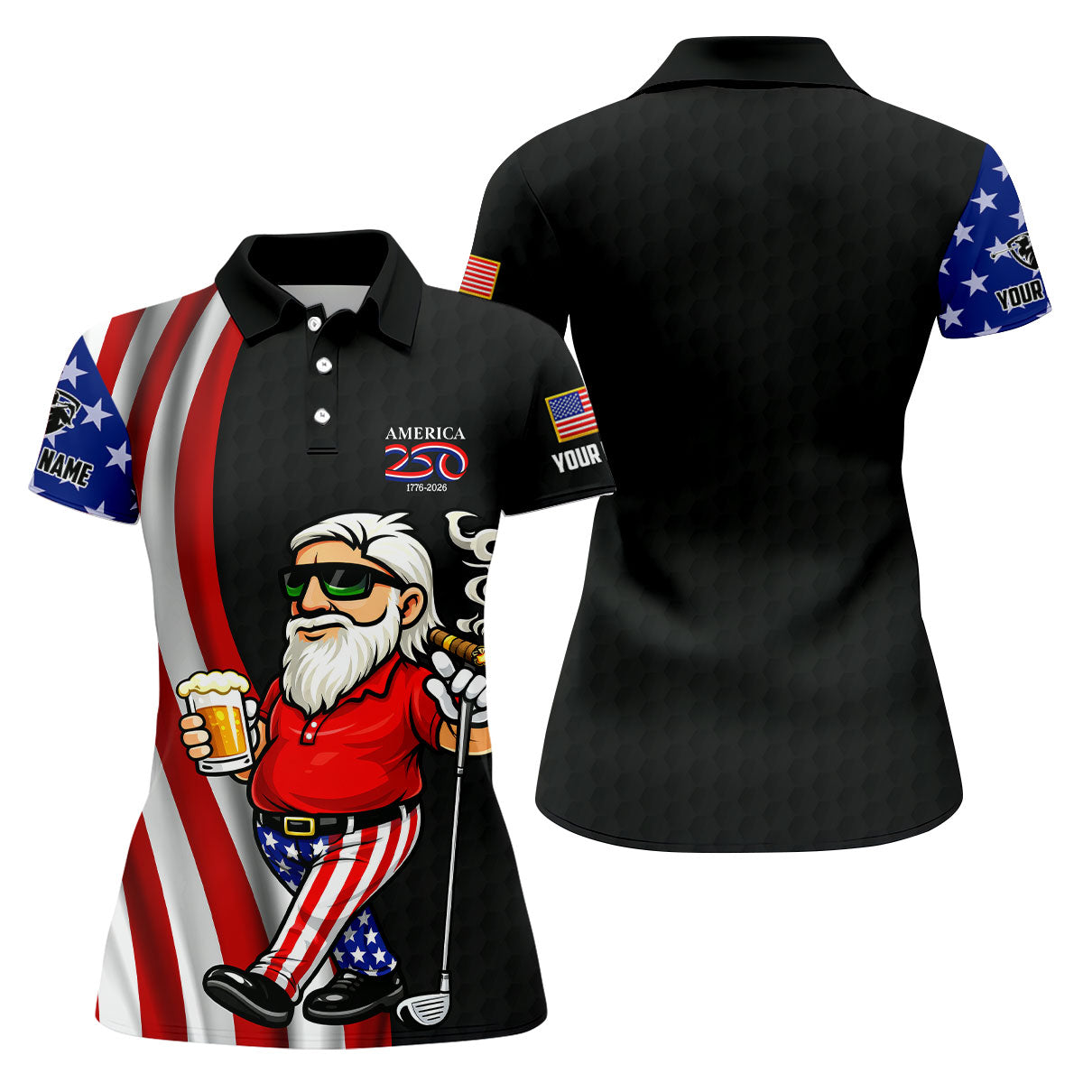 America 250 Patriotic Man 4th Of July Black Golf Shirt, Golf And Beer Women's Golf Tops