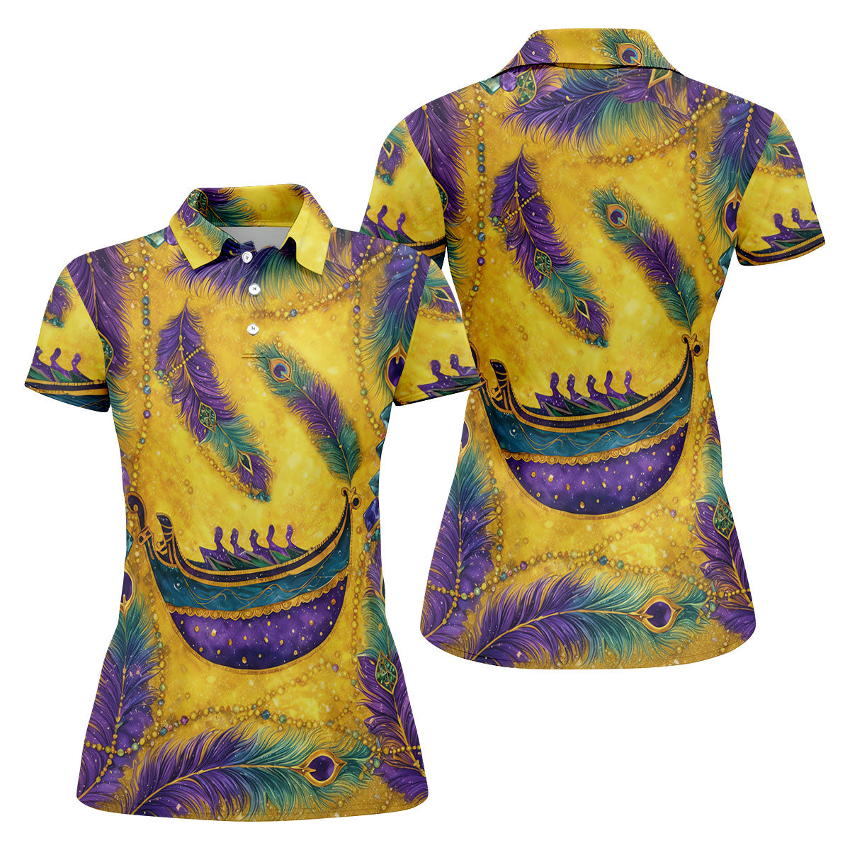 Mardi Gras Day Gradient Art Feather Print Retro Women's Golf Tops, Ladies Golf Shirts
