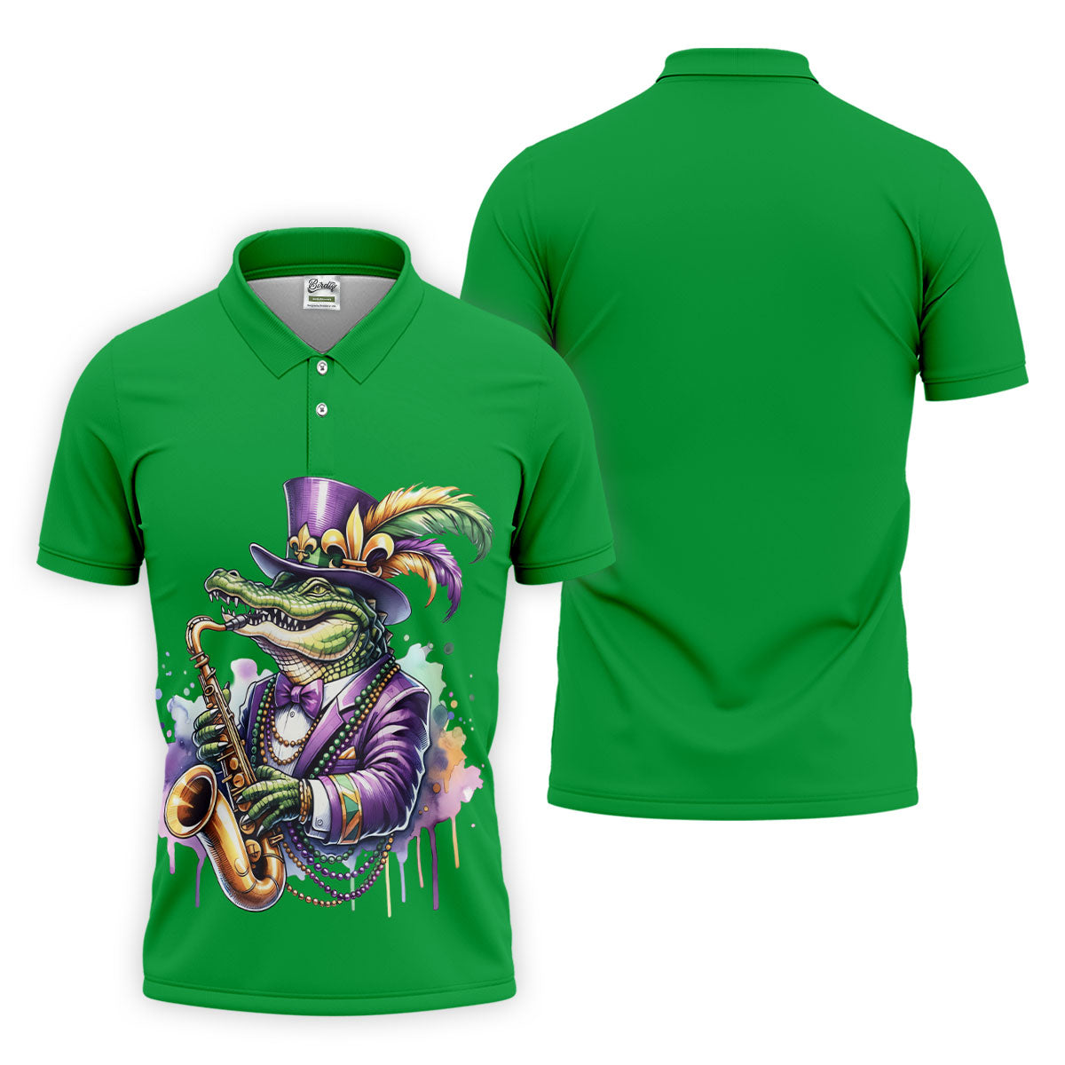 Mardi Gras Alligator Playing Saxophone Green Golf Shirt, Golf Shirts For Men, Polo ShirtFor Men