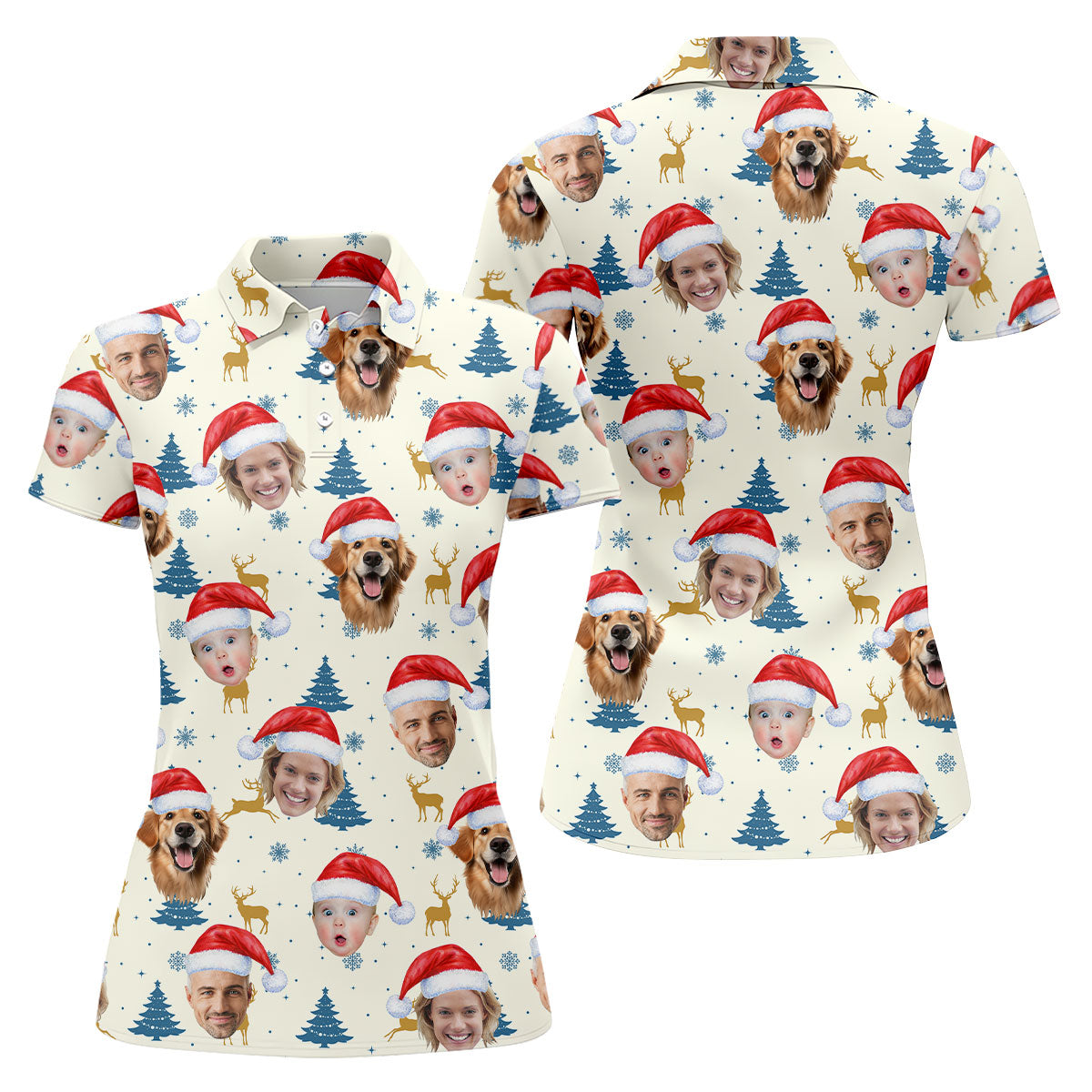 Custom Face Pine Tree Pattern Beige And Navy Christmas Golf Shirt, Ladies Golf Shirts, Golf Gifts For Women