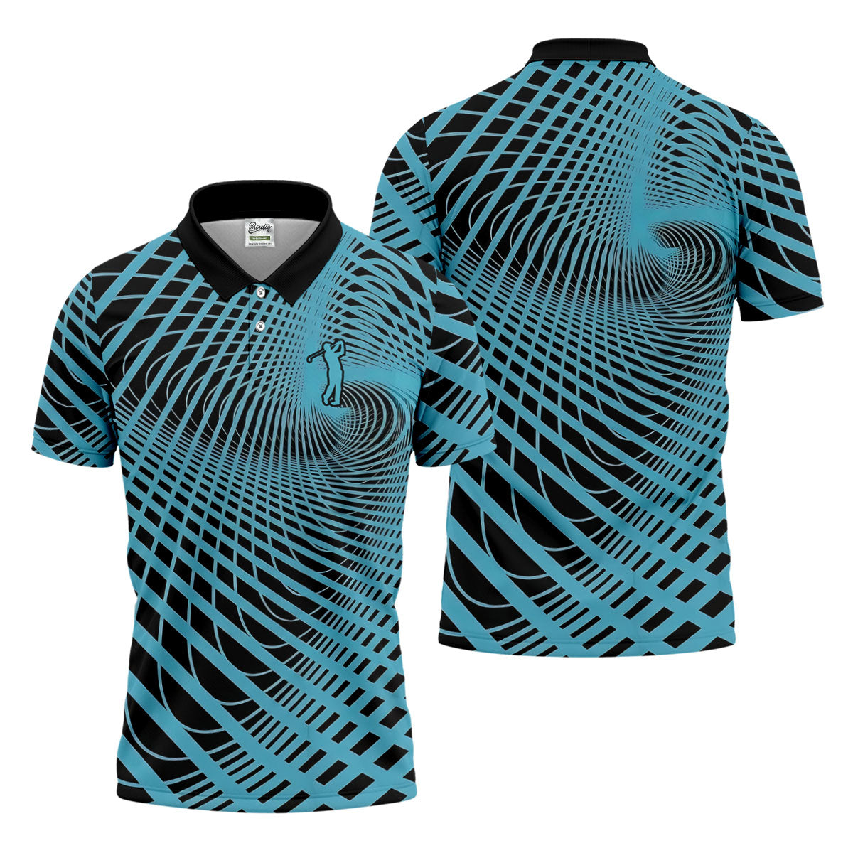 Swirling Vortex Black And Light Blue Golf Shirts For Men, Polo ShirtFor Men, Golfing Apparel