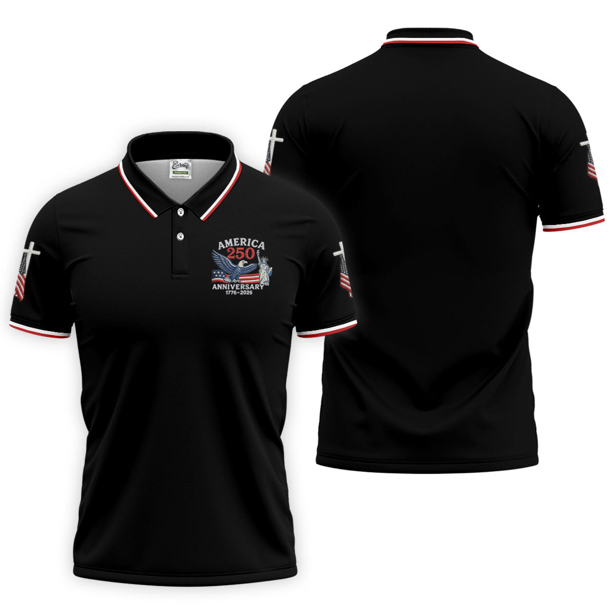 Faith Cross Bald Eagle America 250 Anniversary Black Patriotic Golf Shirt, Golf Shirts For Men