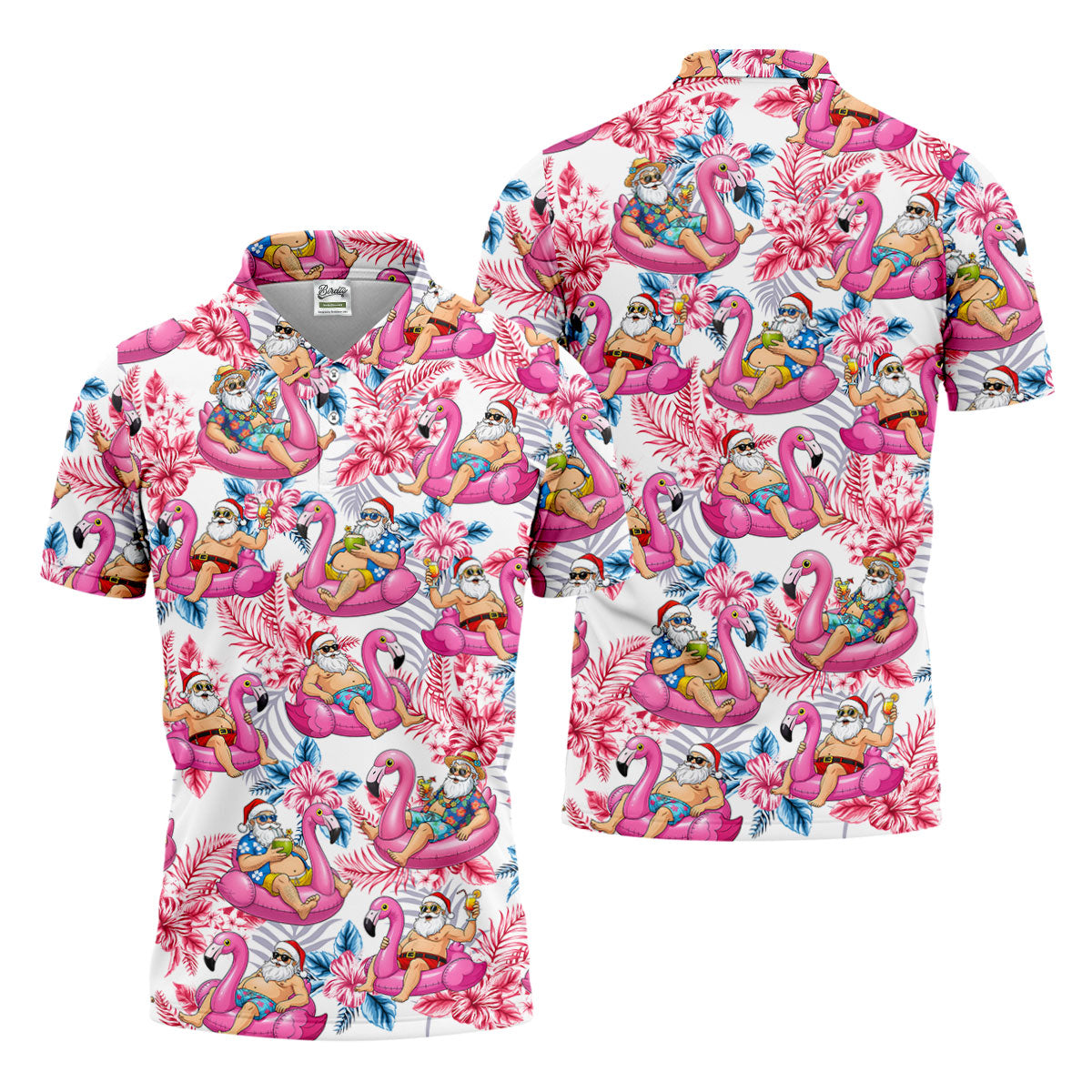 Santa Flamingo Float Tropical Christmas Golf Shirt, Christmas Hawaiian Shirt, Christmas Golf Shirt