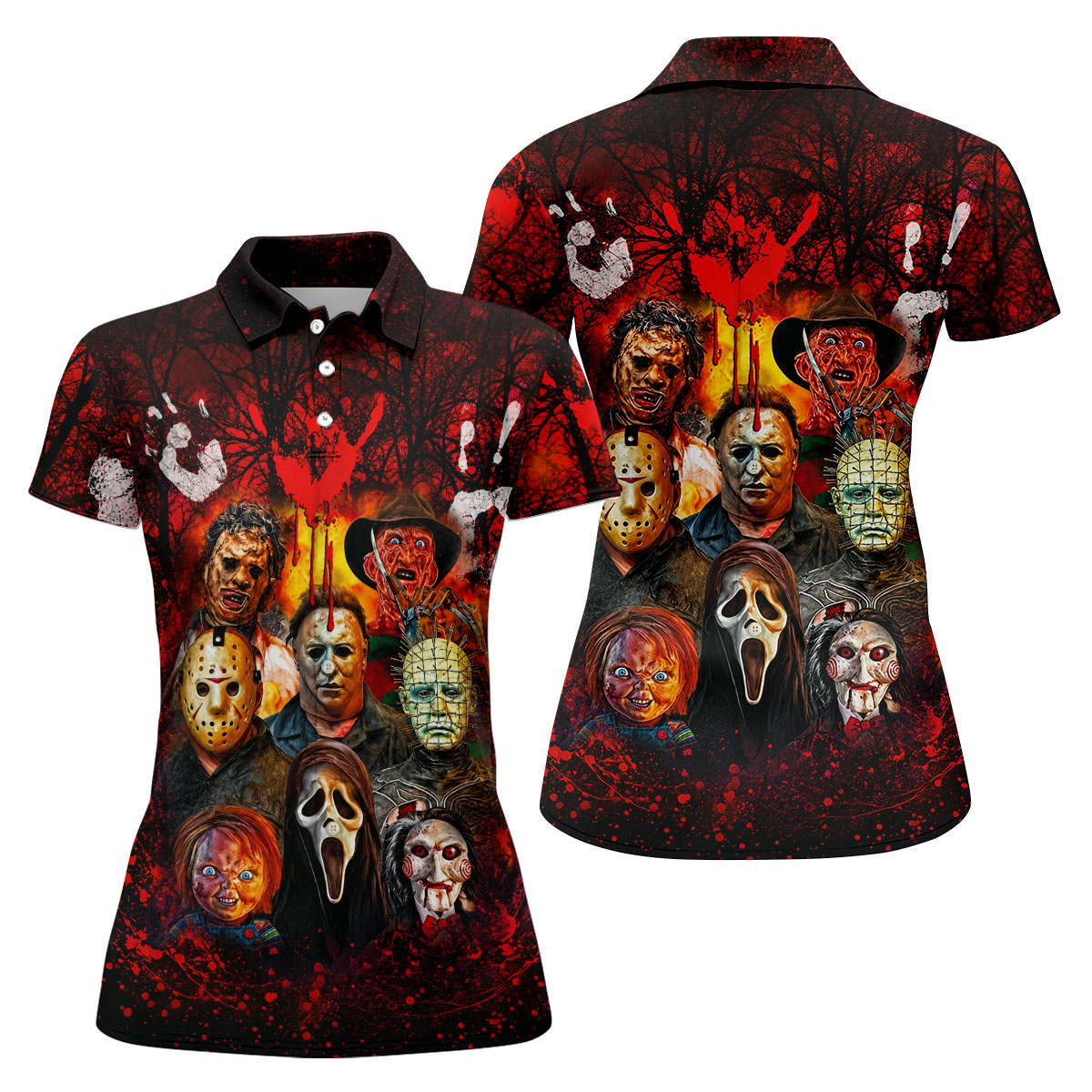 Halloween Horror Character Hawaiian Golf Shirt, Women's Golf Tops, Golf Shirts For Women