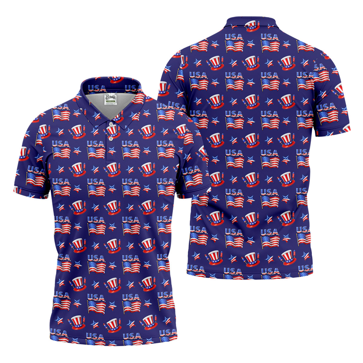 Waving Flags Uncle Sam Hats Seamless Pattern 250th Anniversary Golf Shirts For Men, Patriotic Golf Shirt