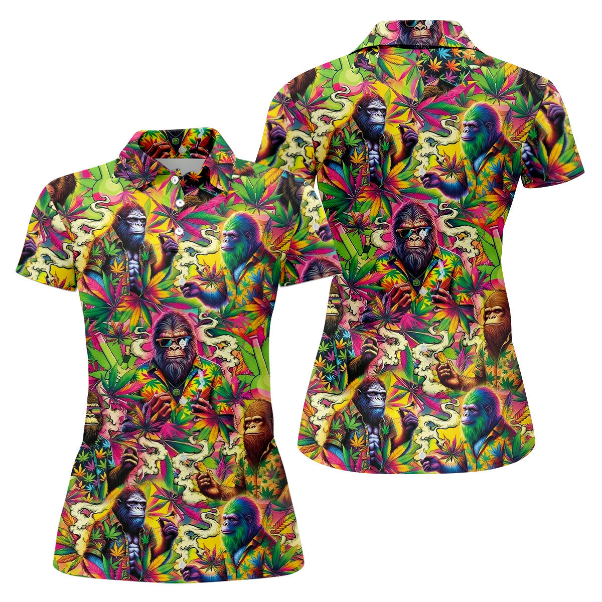 Psychedelic Bigfoot Cannabis Leaf Hawaiian Polo Shirt, Women’s Golf Polo, Golf Shirts For Women