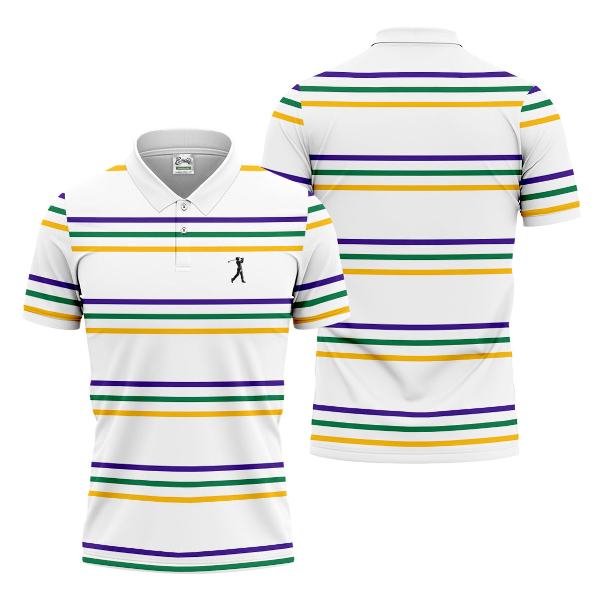 Mardi Gras Purple Green Gold Stripe Pattern Golf Tops For Men, Men's White Polo, Golf Shirts For Men