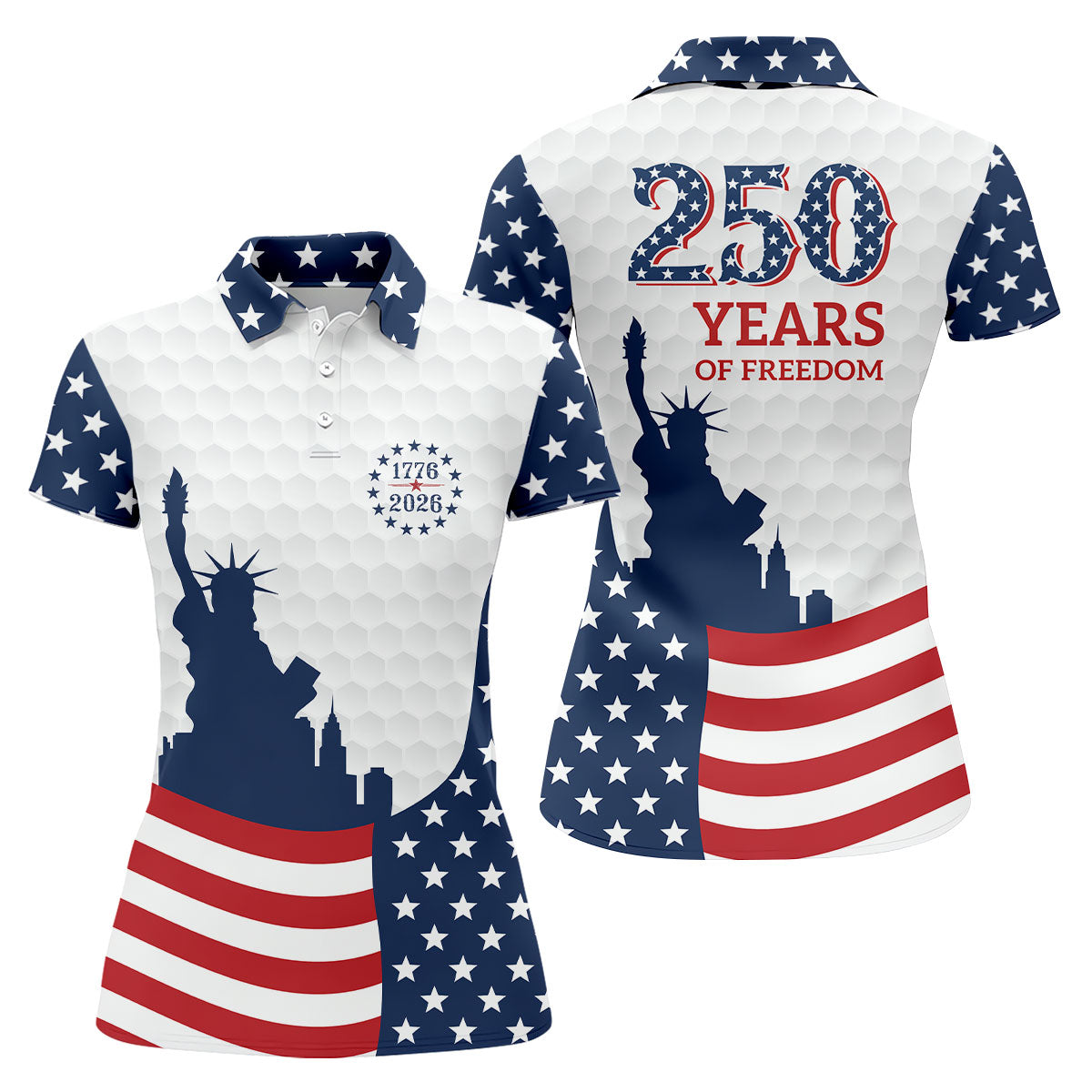 250 Years Of Freedom Golf Ball Pattern American Flag Golf Shirt, Patriotic 4th Of July Golf Shirt For Women