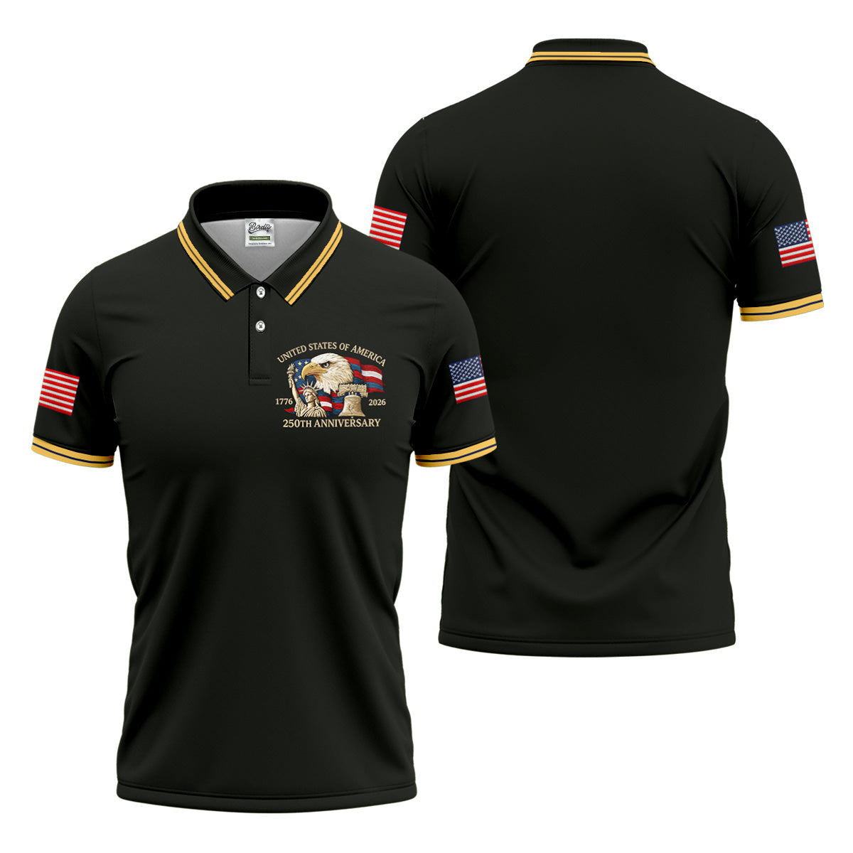 Bald Eagle American Flag 250 Years Black Golf Shirt, Patriotic 4th Of July Golf Shirts For Men