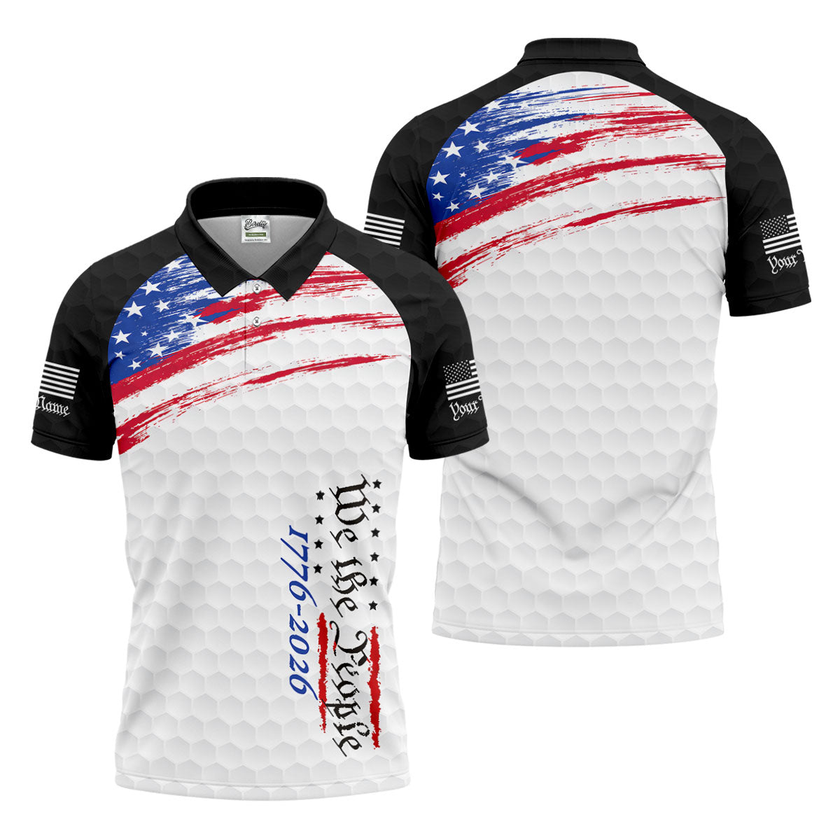 We The People 1776-2926 American Flag Brush Black Golf Shirt, 250 Years Patriotic 4th Of July Golf Shirts For Men