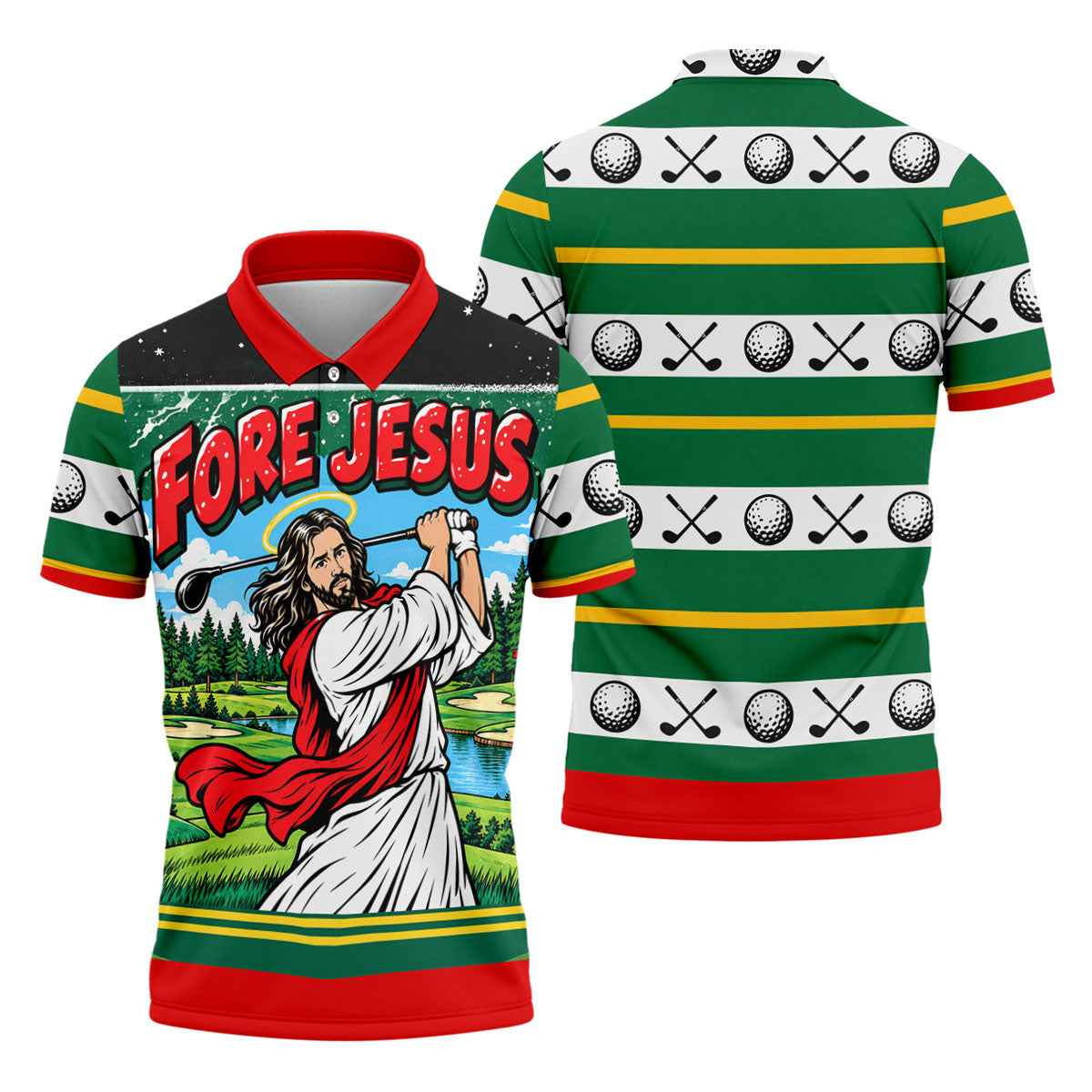 Fore Jesus Golf Swing Christmas Golf Shirt, Mens Golf Apparel, Mens Golf Clothing