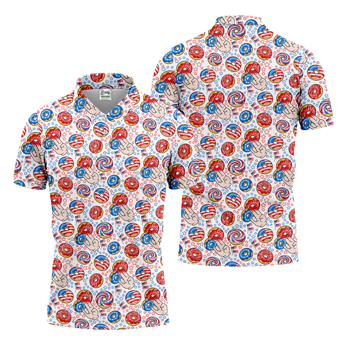 Donut Finger Funny Dirty American Flag Pattern White Golf Shirts For Men, 250th Anniversary Patriotic Golf Shirt