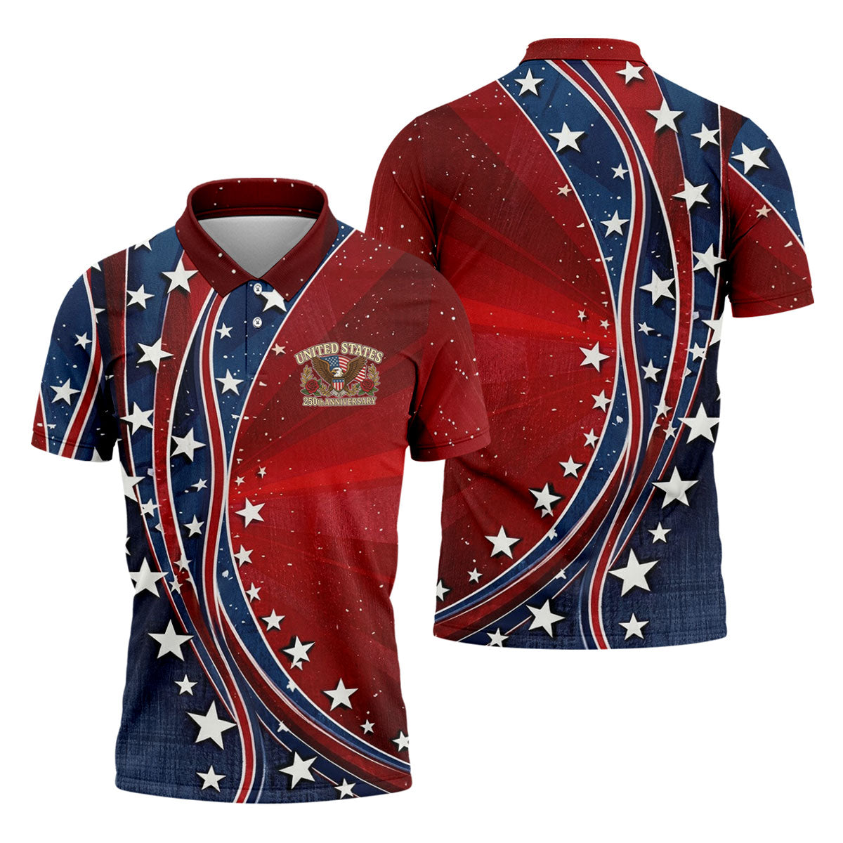 US 250th Anniversary Red White Navy Stars And Stripes Patriotic Golf Shirt, 4th Of July Golf Shirts For Men