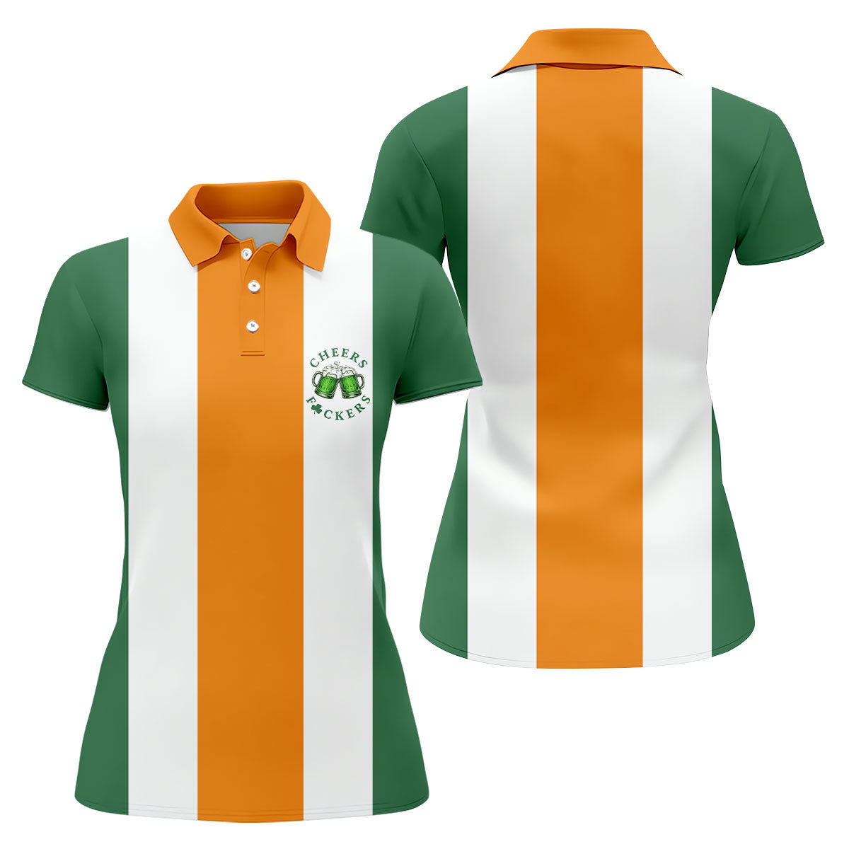 Green Orange White Vertical Stripes St Patrick's Day Golf Shirt, Women's Golf Tops, Ladies Golf Shirts