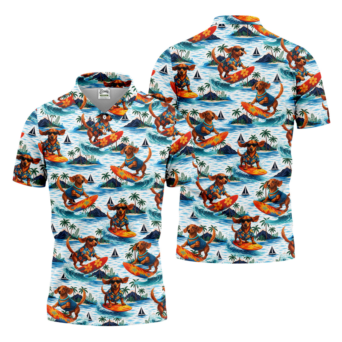 Funny Dachshund Surfing Beach Hawaiian Golf Shirt, Summer Vibe Golf Shirts For Men