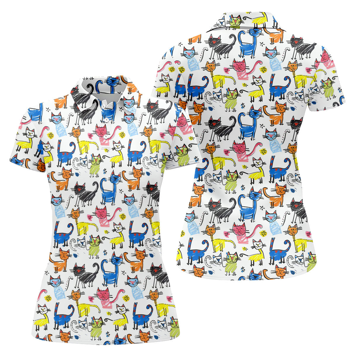 Cartoon Cat Golf Shirt, Colorful Doodle Cat Pattern, Polo Shirts For Women