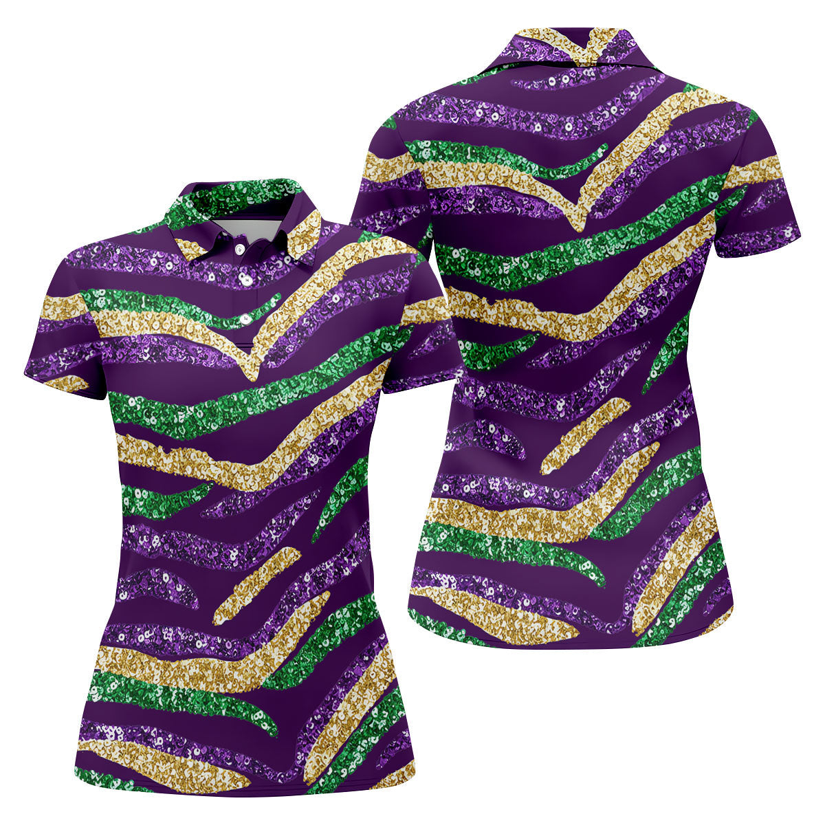 Purple Green Gold Sequin Pattern Purple Golf Shirt, Mardi Gras Golf Shirt, Women's Golf Tops, Ladies Golf Shirts