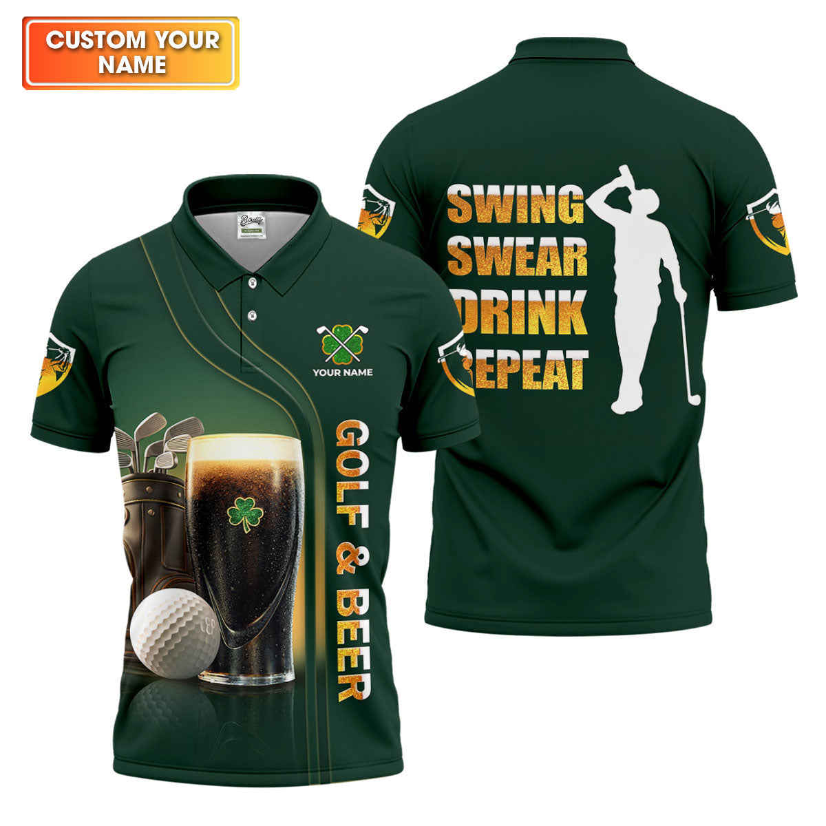 Swing Swear Drink Repeat Golf And Beer St Patrick's Day Green Golf Tops For Men, Golf Shirts For Men