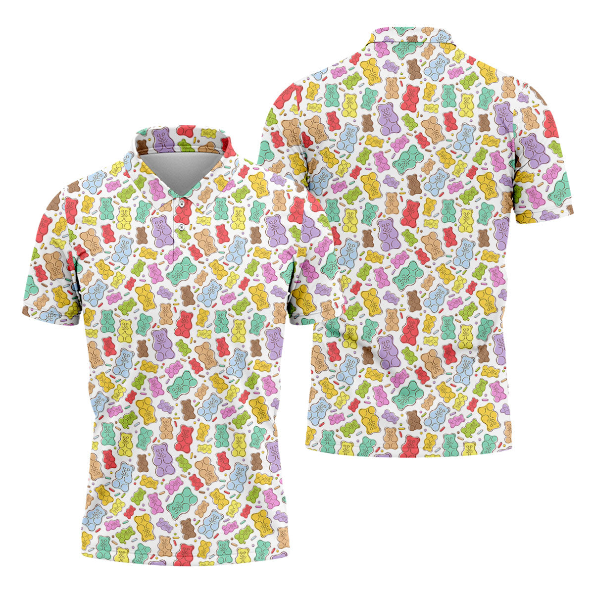 Gummy Bear Golf Shirt, Colorful Candy Pattern Men's Golf Polo, Polo Shirts For Men