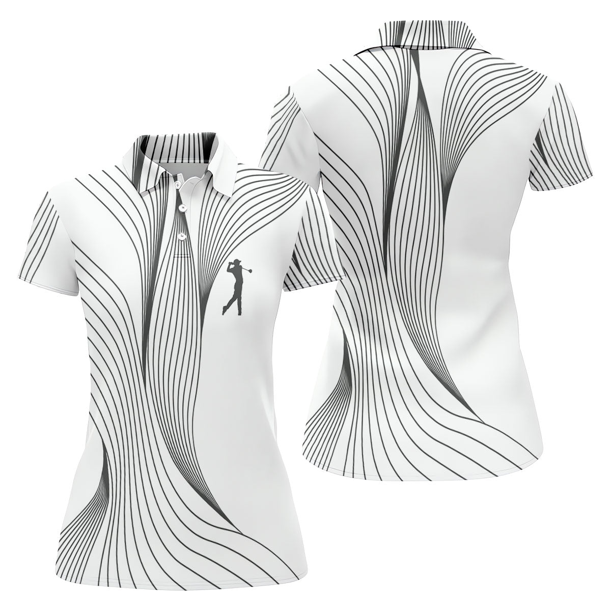 Geometric Line Wavy Line Black And White Women's Golf Tops, Ladies Golf Shirts, Women's Polo Shirt