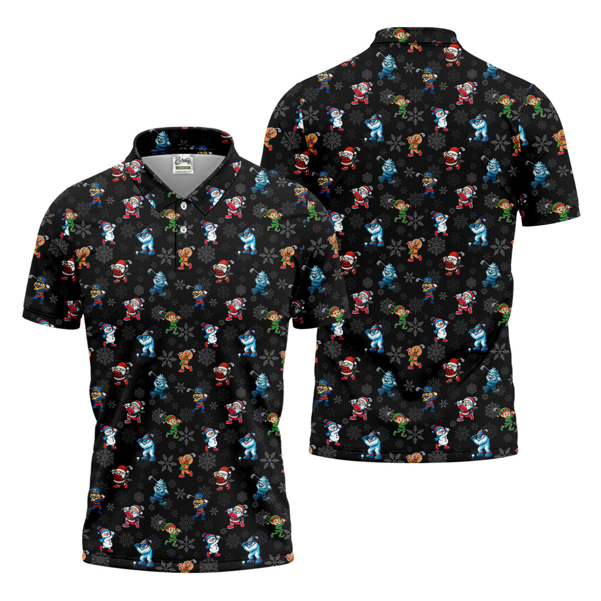 Funny Christmas Characters Golf Pose Black Golf Shirt, Christmas Golf Shirt, Polo ShirtFor Men