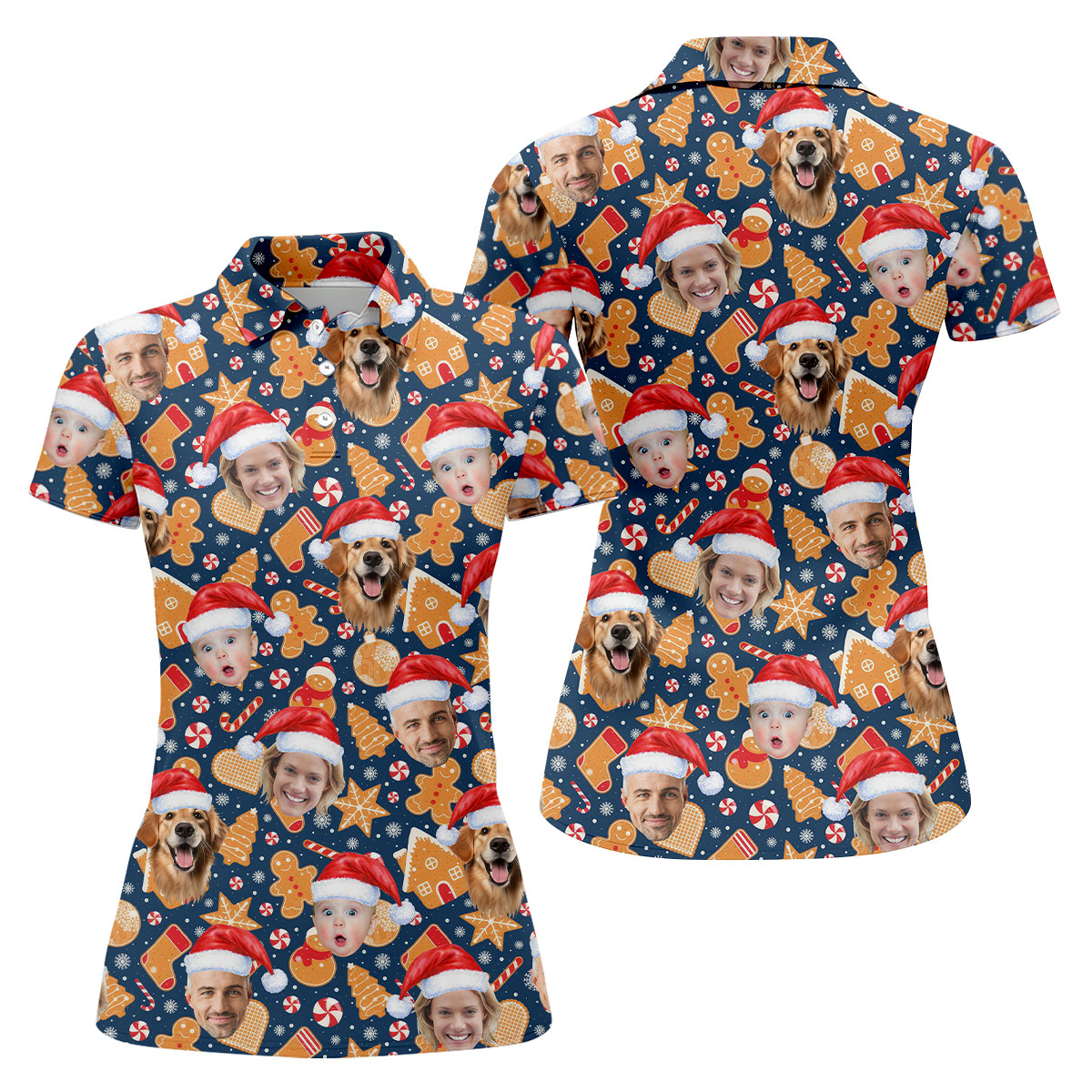 Custom Face Christmas Sweets Navy Golf Shirt, Christmas Golf Shirt, Women's Golf Tops, Golf Gift For Ladies