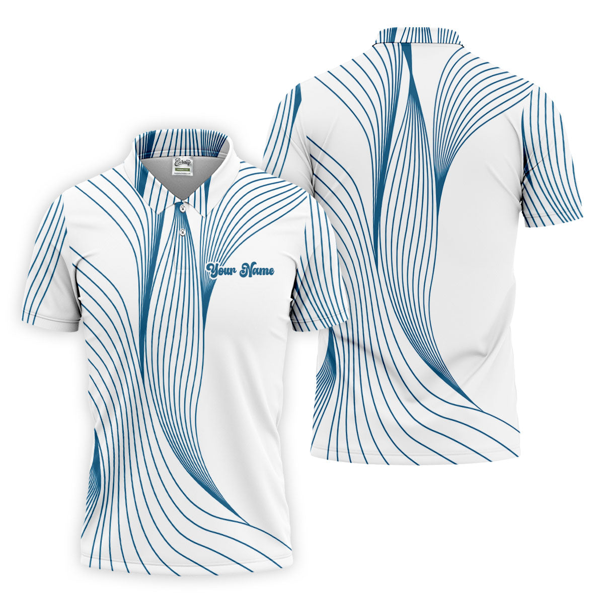 Geometric Line Wavy Line Blue And White Custom Name Golf Shirts For Men, Men's Golf Shirt, Polo ShirtFor Men