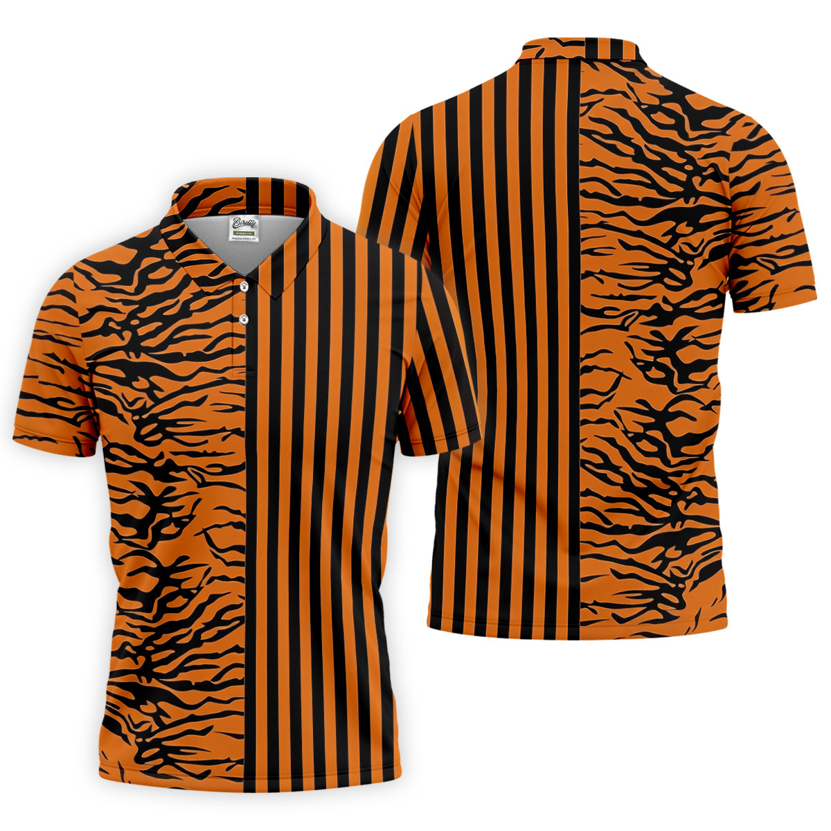 Orange Tiger Stripe Split Pattern Golf Shirt, Mens Golf Polo, Golf Apparel For Men, Golf Polo Shirts For Men