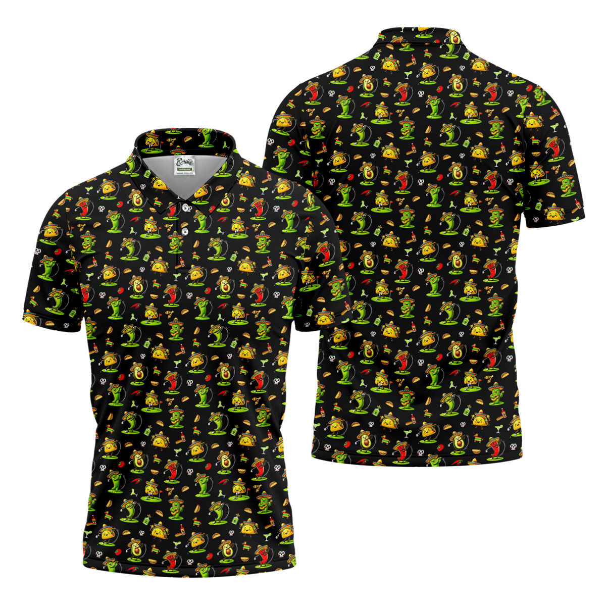 Mexican Cartoon Food Characters Cinco De Mayo Celebration Fiesta Themed Black Golf Shirts For Men