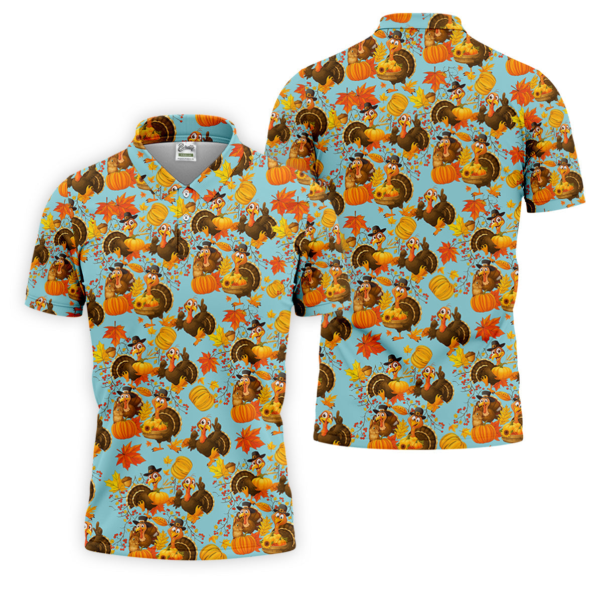 Turkey Pumpkin Thanksgiving Holiday Blue And Orange Polo Shirtor Men, Golf Gift For Men