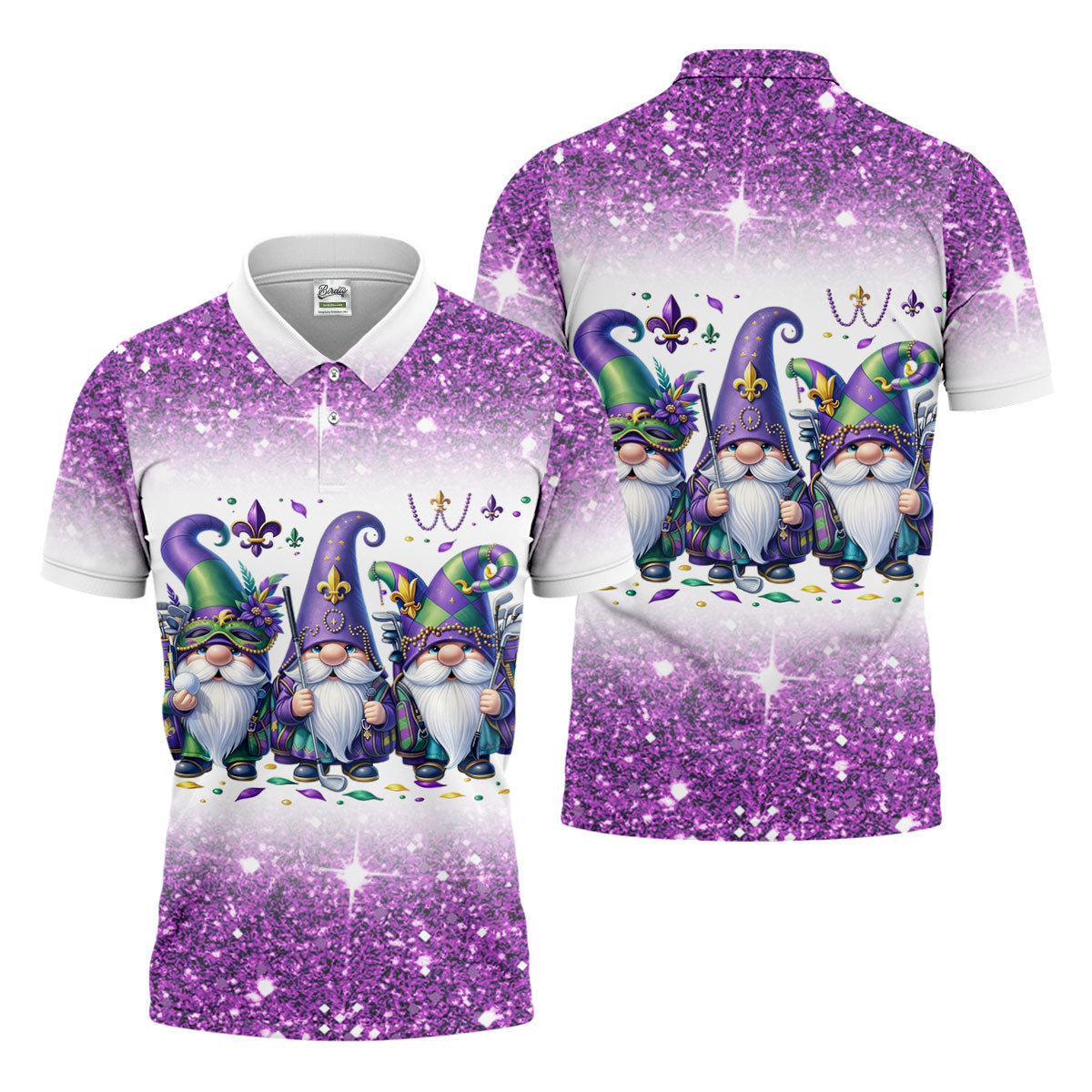Mardi Gras Gnomes Fleur De Lis Glitter Effect Golf Tops For Men, Polo ShirtFor Men, Golf Shirts For Men