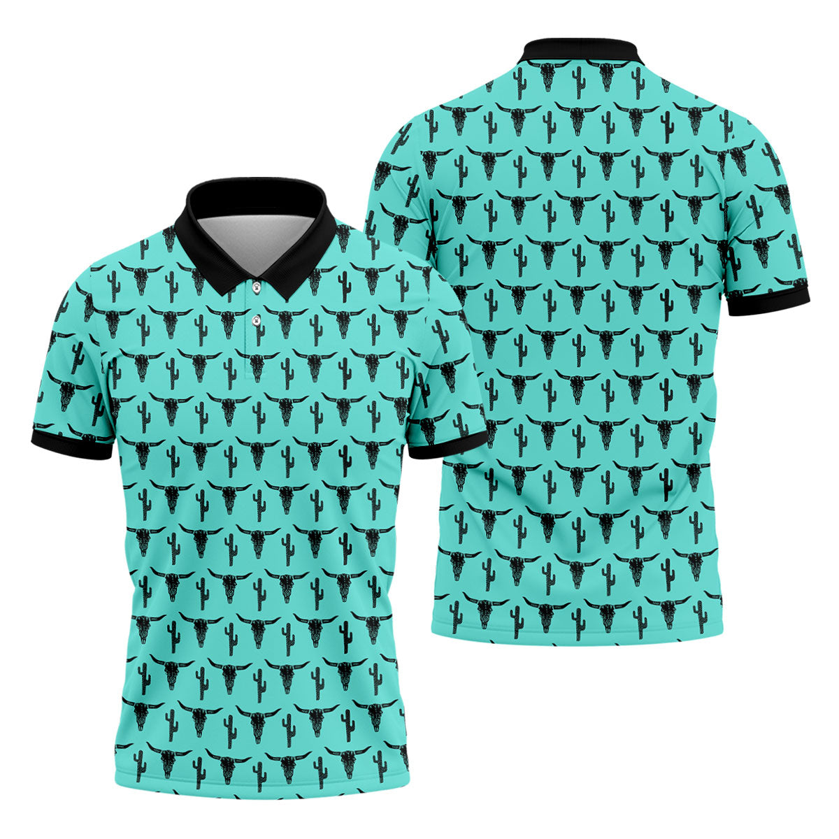 Longhorn Cow Skull Western Theme Peacock Blue Golf Tops For Men, Polo Shirtor Men, Golf Shirts For Men