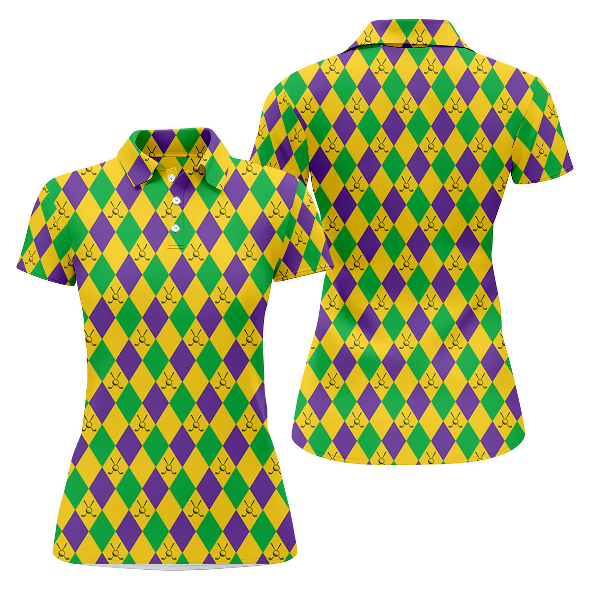 Green Gold Purple Argyle Pattern Mardi Gras Golf Shirt, Women's Golf Shirts, Ladies Golf Polos, Women's Polo Shirt