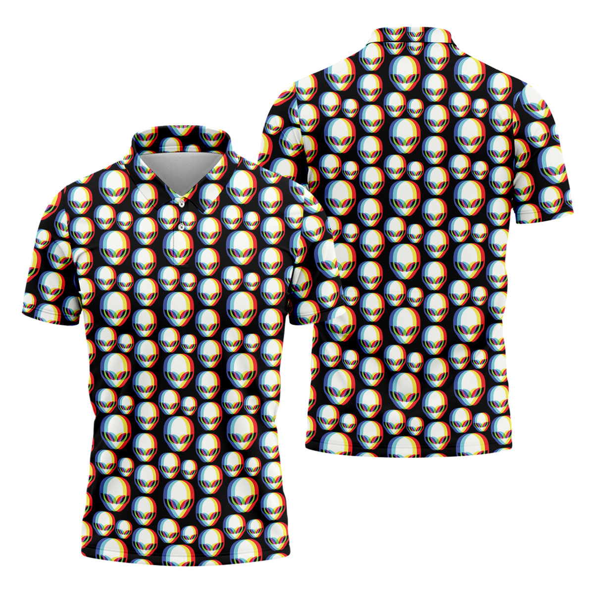 Retro Alien Golf Shirt, Black UFO Pattern Men's Golf Polo, Polo Shirts For Men