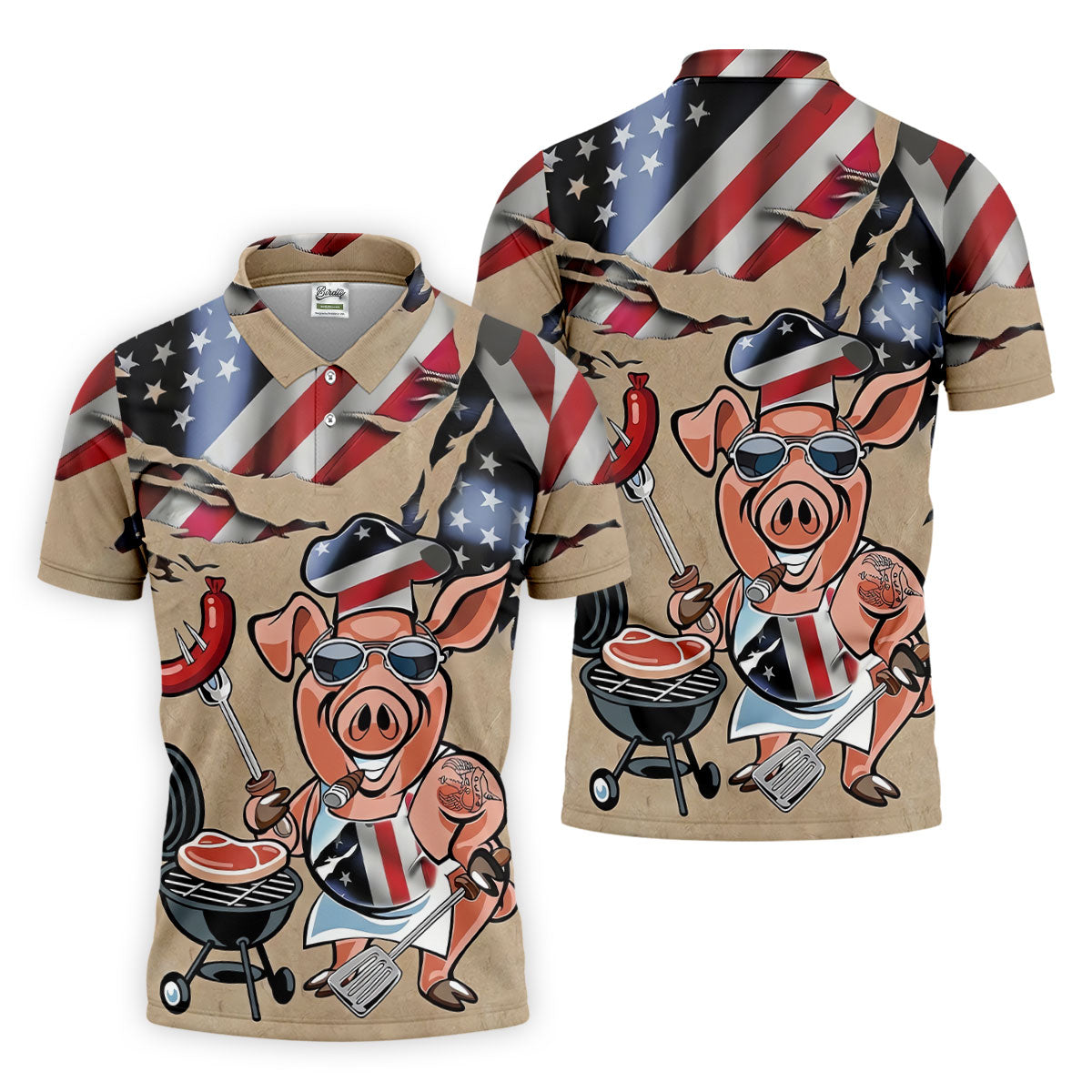 Patriotic American Flag Funny BBQ 250th Anniversary Dark Beige Polo ShirtFor Men, Golf Shirts For Men