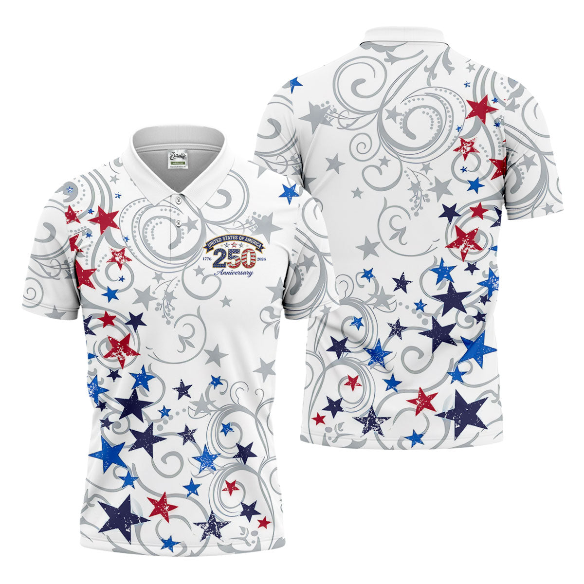 United States Of America 250 Anniversary Patriotic 4th Of July Golf Shirt, Red Blue Stars Golf Shirts For Men