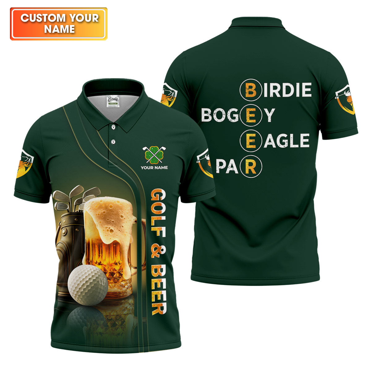 Golf Beer Birdie Bogey Eagle Par St Patrick's Day Green Golf Polos For Men, Golf Shirts For Men, St Patricks Day Golf Shirt
