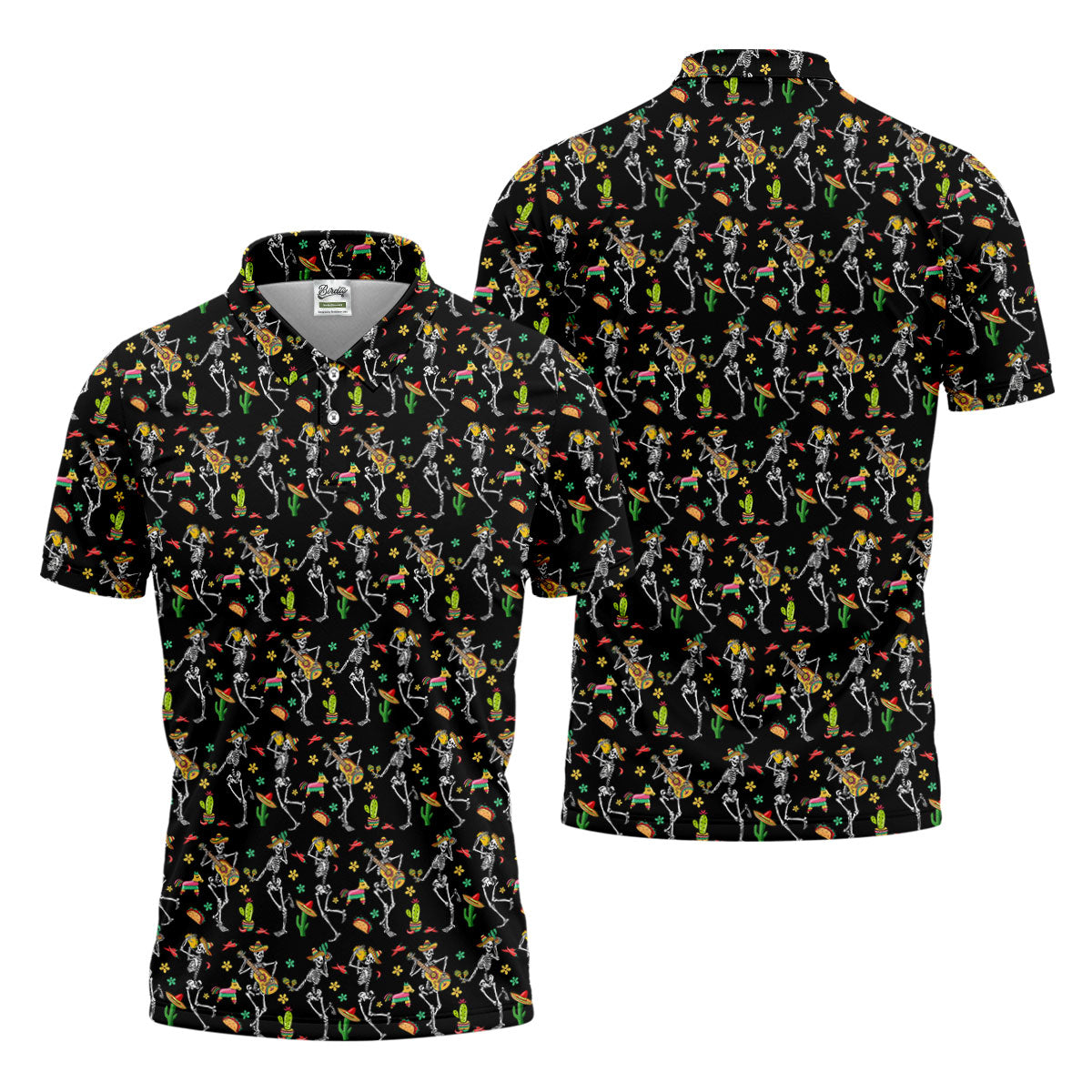 Dia De Muertos Skeletons Cinco De Mayo Celebration Fiesta Themed Black Golf Shirts For Men