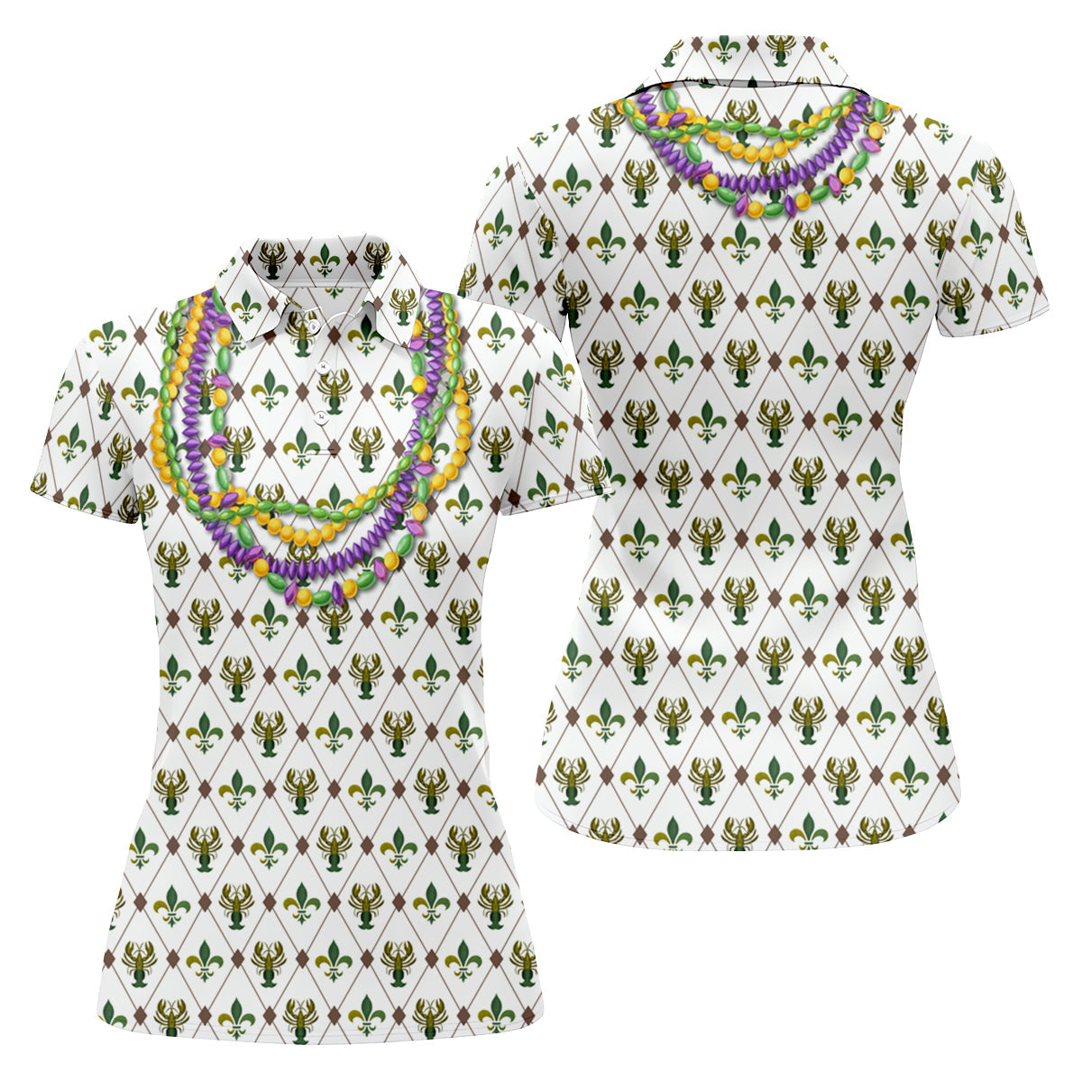 Mardi Gras Purple Green Gold Beads Chain Fleur De Lis Argyle Pattern White Golf Shirt, Women's Golf Tops