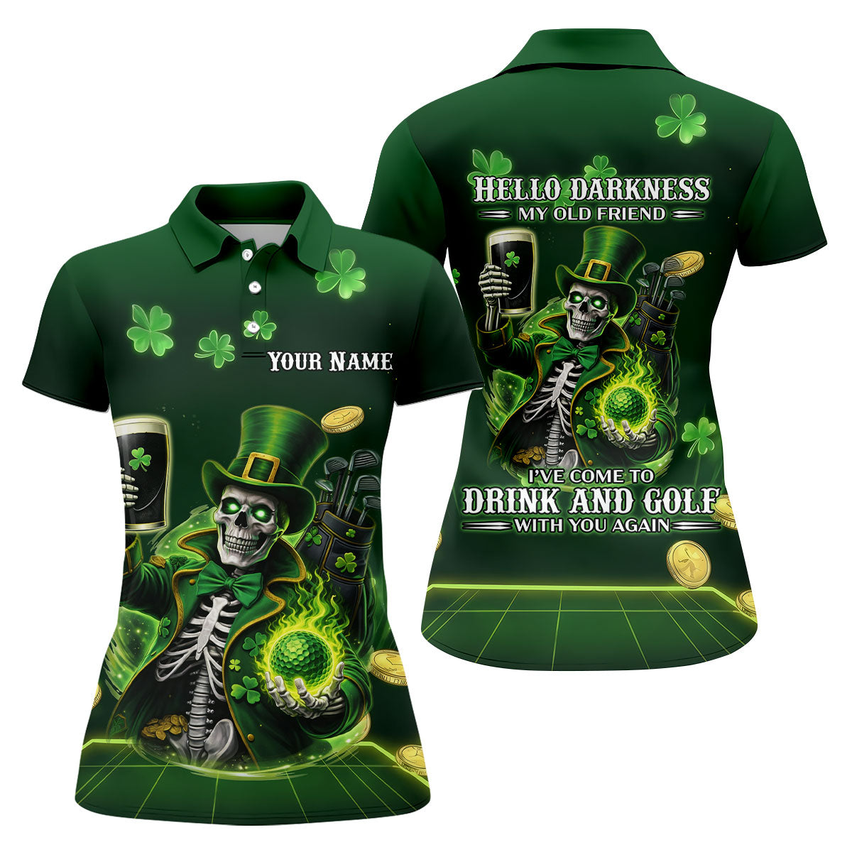 Irish Skull Leprechaun Hat Dark Beer Green St Patrick's Day Women's Golf Tops, Ladies Golf Polos