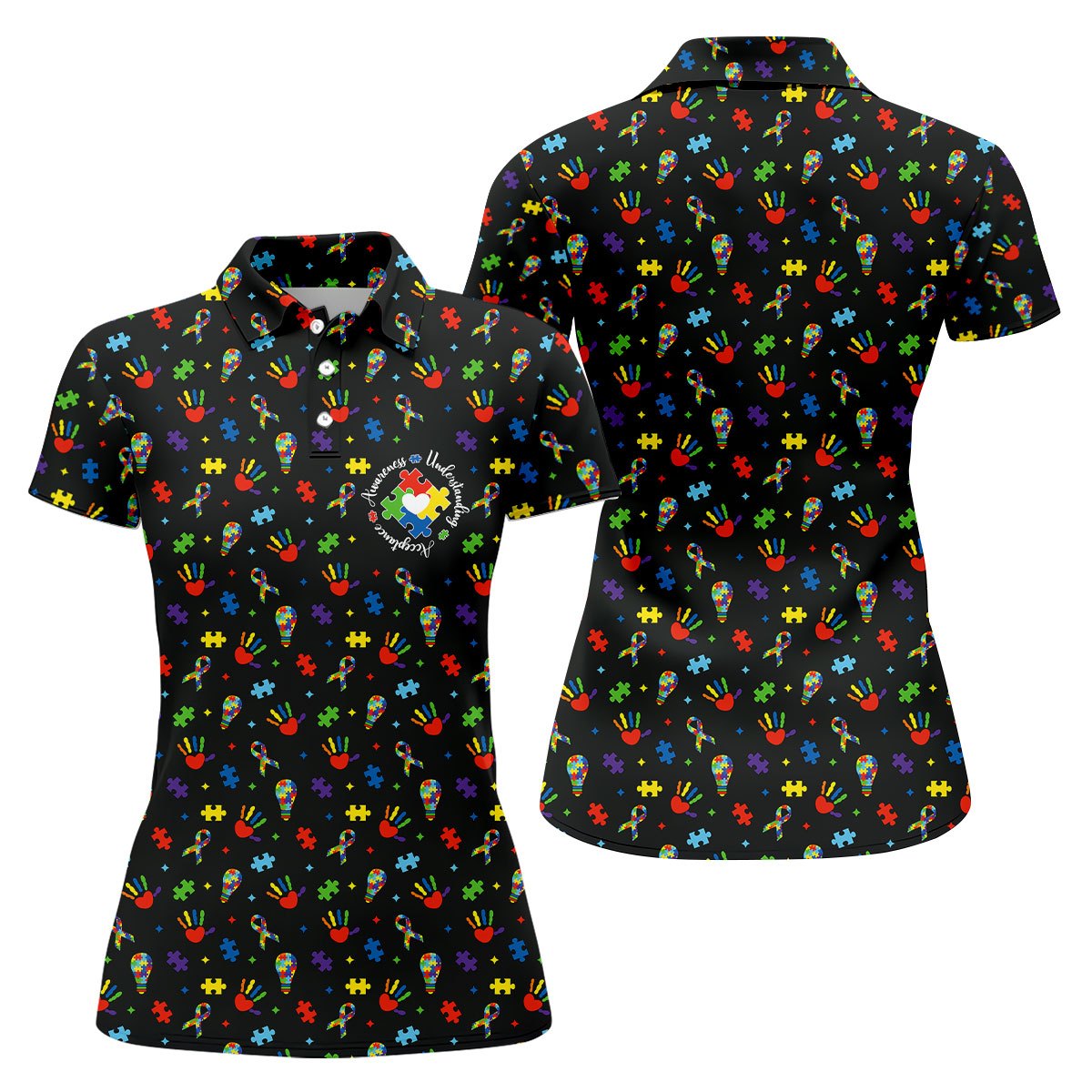 Awareness Understanding Acceptance Autism Ribbon Black Golf Shirt, Autism Awareness Colors Women's Golf Tops