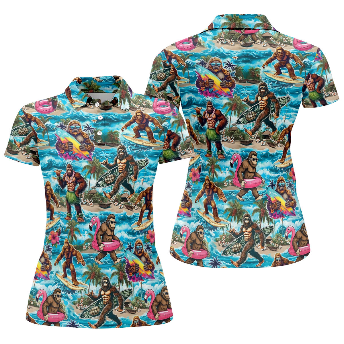 Funny Bigfoot Hawaiian Golf Shirt, Beach Theme Women's Golf Tops, Ladies Golf Shirts