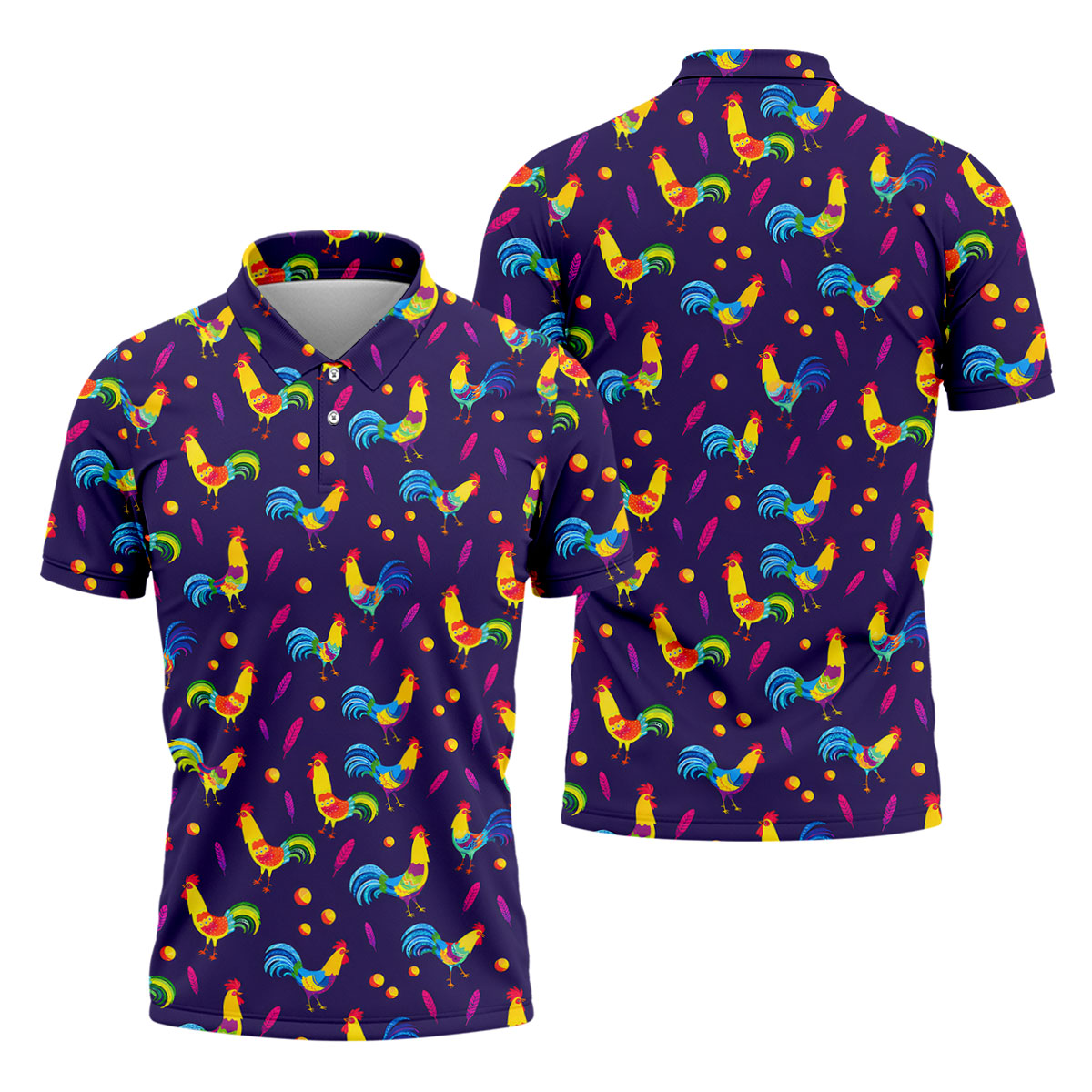 Retro Rooster Golf Shirt, Colorful Country Pattern Polo, Polo Shirts For Men
