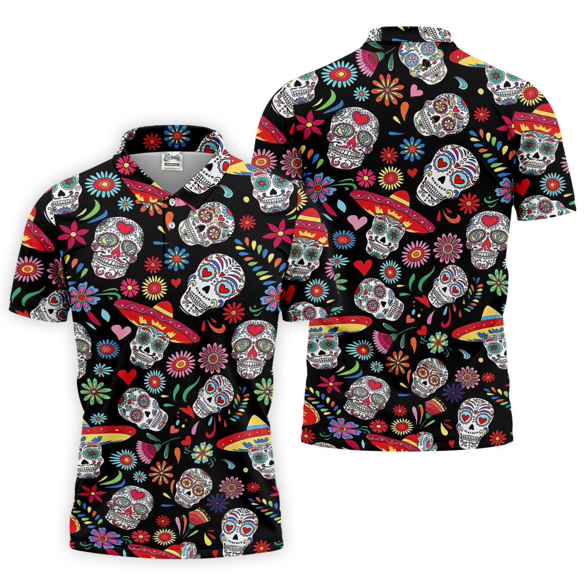 Day Of The Dead FLoral Sugar Skull Cinco De Mayo Celebration Fiesta Themed Golf Shirts For Men
